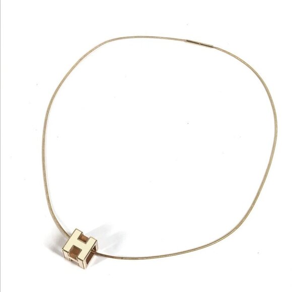 HERMES Accessories Cardue Ash H-cube H logo Necklace Metal White/Gold - Picture 1 of 10